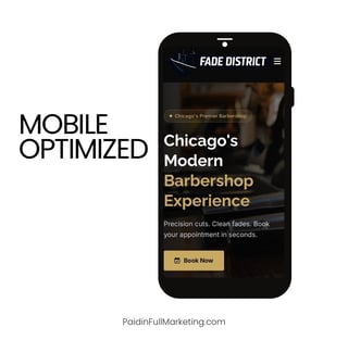 Mobile phone displaying Fade District barbershop website with black design and gold Book Now button