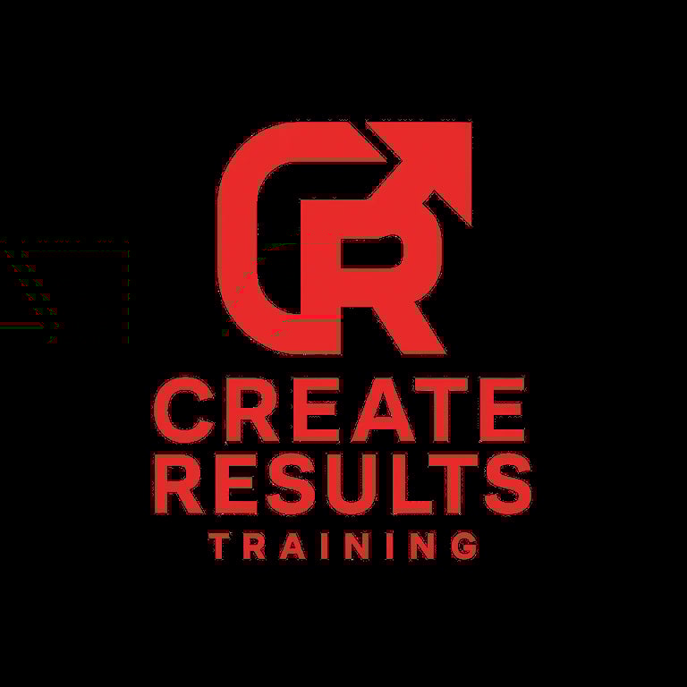 Create Results Training logo featuring red stylized CR monogram with upward arrow on black background
