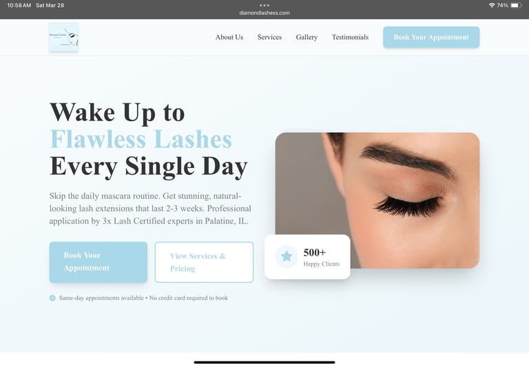 Website homepage for lash extension services featuring a close-up of a womans eye with professionally applied lashes and text promoting flawless lash extensions